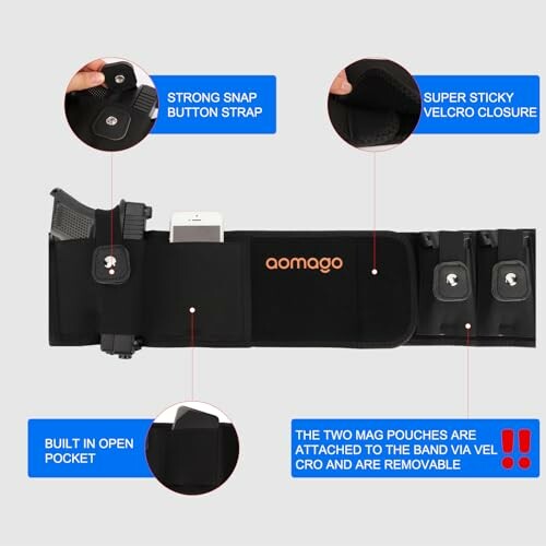 Aomago belly band holster with features labeled, including snap button strap, Velcro closure, built-in pocket, and removable mag pouches.