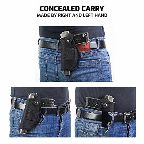 Concealed carry holster worn on belt with jeans.