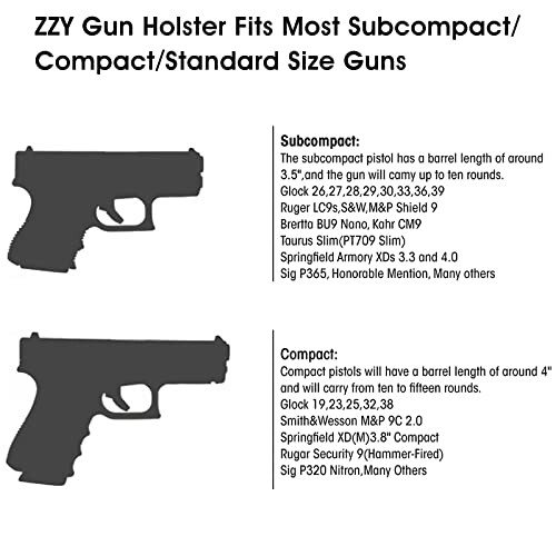 Silhouette of two pistols with text listing compatible gun models for ZZY gun holster.