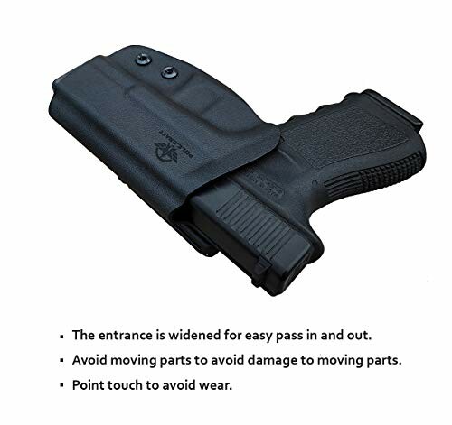 Black handgun in a holster with safety instructions.