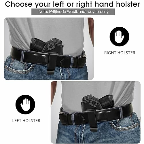 Person wearing a gun holster inside waistband with options for left or right hand.