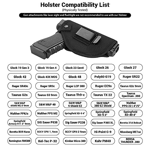 List of gun models compatible with a holster, includes Glock, Taurus, S&W, Walther, and others.